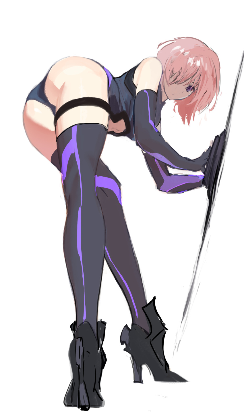1girl absurdres ass black_footwear black_gloves black_leotard boots breasts elbow_gloves fate/grand_order fate_(series) gloves hair_over_one_eye high_heel_boots high_heels highres leaning_forward leotard looking_at_viewer lord_camelot_(fate) mash_kyrielight medium_breasts nomad_(newold0618) purple_eyes purple_hair short_hair sketch solo thigh_strap thighs