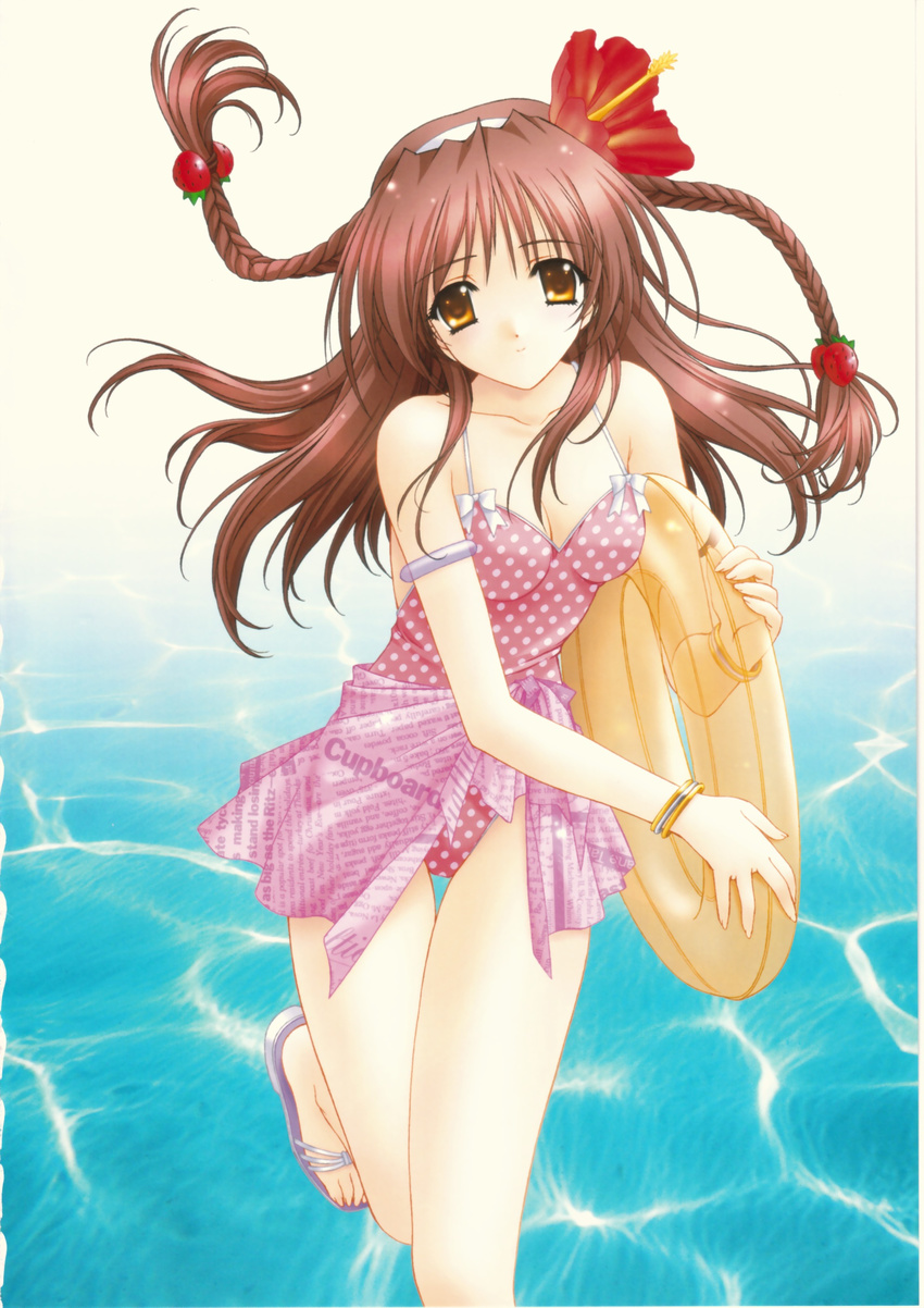 absurdres armlet bracelet braid brown_hair casual_one-piece_swimsuit copyright_request flower food food_themed_clothes food_themed_hair_ornament fruit hair_flower hair_ornament hairband hibiscus highres innertube jewelry kimizuka_aoi long_hair one-piece_swimsuit orange_eyes pink_sarong polka_dot polka_dot_swimsuit print_sarong running sandals sarong scan smile solo strawberry strawberry_hair_ornament swimsuit thigh_gap toes twin_braids water