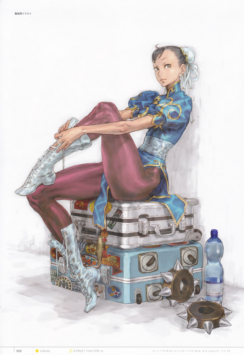 absurdres artbook boots bun_cover china_dress chinese_clothes chun-li concept_art dress earrings hair_bun highres jewelry laces legs nishimura_kinu official_art pantyhose pelvic_curtain sash scan sitting solo street_fighter street_fighter_iv_(series) suitcase