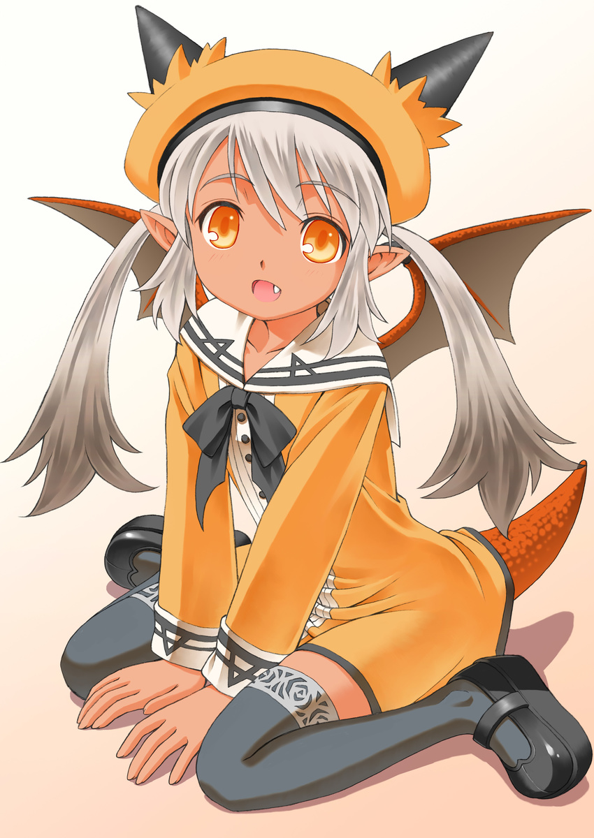 absurdres dark_skin dragon_girl dragon_wings fang highres horns long_hair mary_janes monster_girl nokia_(harusion) open_mouth original pointy_ears scales shoes sitting smile solo tail thighhighs twintails wariza wings yellow_eyes