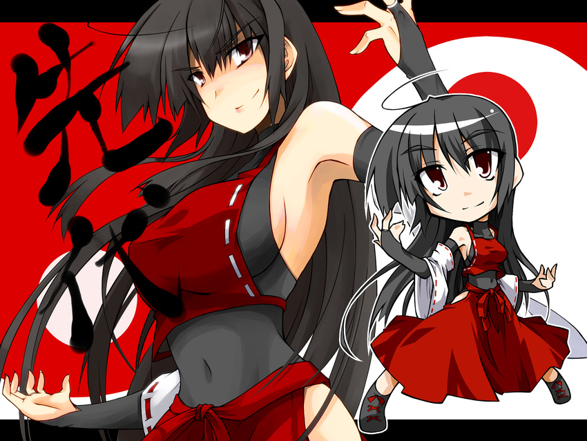 armpits bare_shoulders black_hair breasts chibi detached_sleeves hemogurobin_a1c highres japanese_clothes large_breasts long_hair m.u.g.e.n nontraditional_miko original sendai_hakurei_no_miko sideboob smile touhou