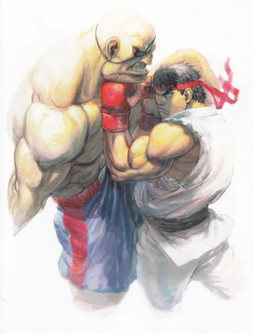 absurdres artbook battle dougi duel eyepatch gloves highres ikeno_daigo male_focus multiple_boys muscle official_art punching ryuu_(street_fighter) sagat scan shouryuuken street_fighter street_fighter_iv_(series) uppercut