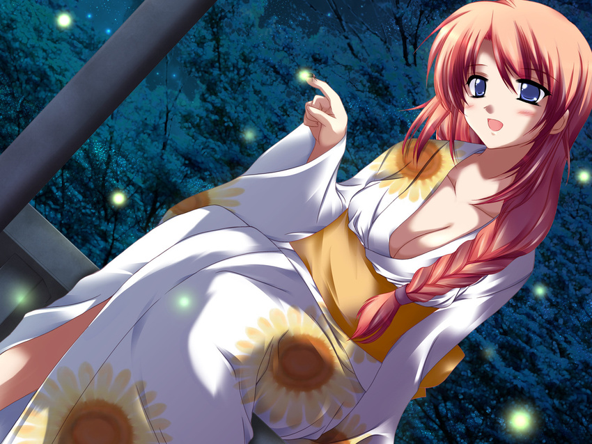 ariko_youichi blue_eyes breasts bug cleavage fireflies firefly fortune_cookie game_cg highres insect japanese_clothes kimono long_sleeves medium_breasts night open_mouth red_hair solo takaya_kae
