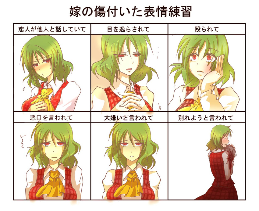 1girl abuse ascot bad_end bad_id bad_pixiv_id blood blush bow bruise chart decapitation green_hair hand_on_own_face hands_clasped injury kazami_yuuka long_hair mkairou own_hands_together plaid plaid_vest red_eyes severed_head short_hair surprised sweat sweatdrop touhou translated upper_body vest yandere