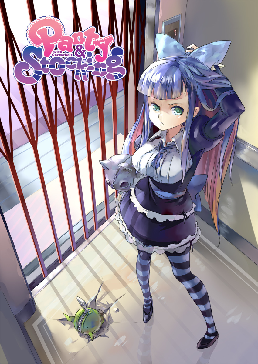 77gl :&lt; bow chuck_(psg) elevator green_eyes hair_bow highres long_hair multicolored_hair panty_&amp;_stocking_with_garterbelt solo stocking_(psg) striped striped_legwear thighhighs two-tone_hair