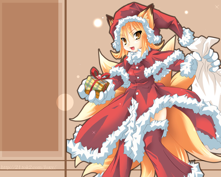 animal_ears christmas copyright_request fox_ears fox_tail fur gift gloves holding holding_gift kazami_karasu kyuubi leg_warmers multiple_tails sack santa_costume solo tail thighhighs wallpaper white_gloves zettai_ryouiki