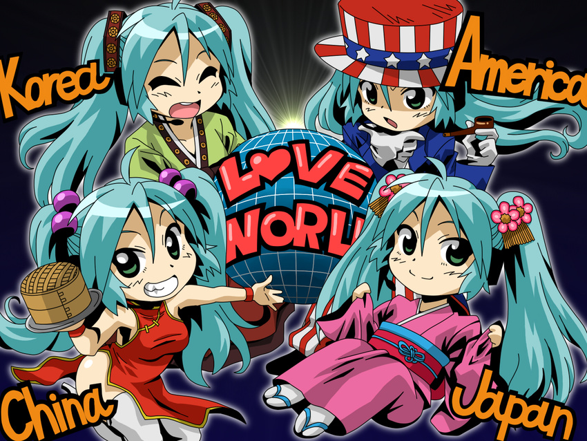 america angelin aqua_hair china china_dress chinese_clothes dress green_eyes hanbok hat hatsune_miku japan japanese_clothes kimono korea korean_clothes multiple_girls pipe top_hat twintails uncle_sam vocaloid