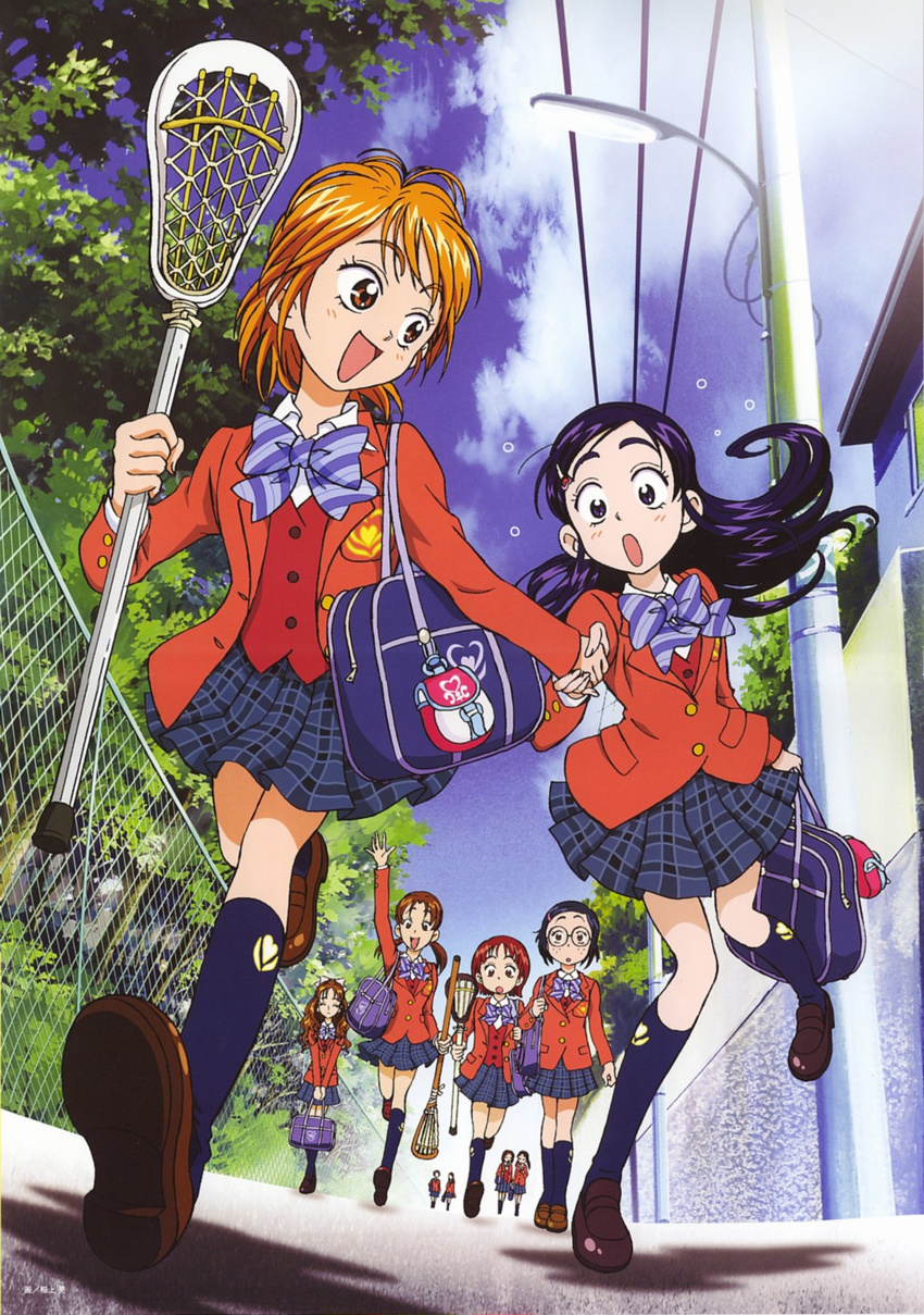 bag black_hair blazer blue_bow bow brown_eyes brown_jacket futari_wa_precure hair_ornament hairclip highres inagami_akira jacket kubota_shiho lacrosse long_hair misumi_nagisa multiple_girls odajima_yuka official_art orange_hair pleated_skirt precure school_uniform short_hair skirt takashimizu_rina verone_gakuin_school_uniform yukishiro_honoka yuriko_(futari_wa_precure)