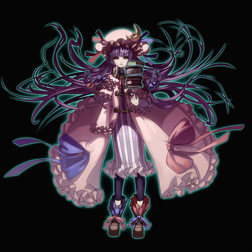 bad_id bad_pixiv_id book chain crescent embellished_costume floating floating_object glowing hat highres kansou_samehada long_hair patchouli_knowledge purple_eyes purple_hair simple_background solo touhou