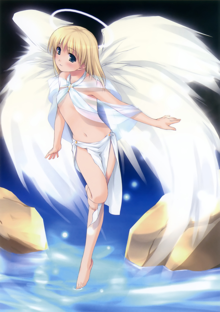 1girl absurdres angel angel_wings barefoot blonde_hair cherubs cloth copyright_request cross flat_chest halo highres navel ooji solo water wings
