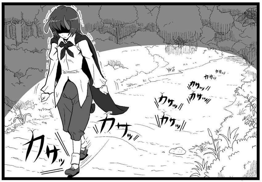 4koma antennae cape comic doujinshi forest greyscale kezune_(i-_-i) monochrome nature onomatopoeia solo touhou translated trembling walking wriggle_nightbug