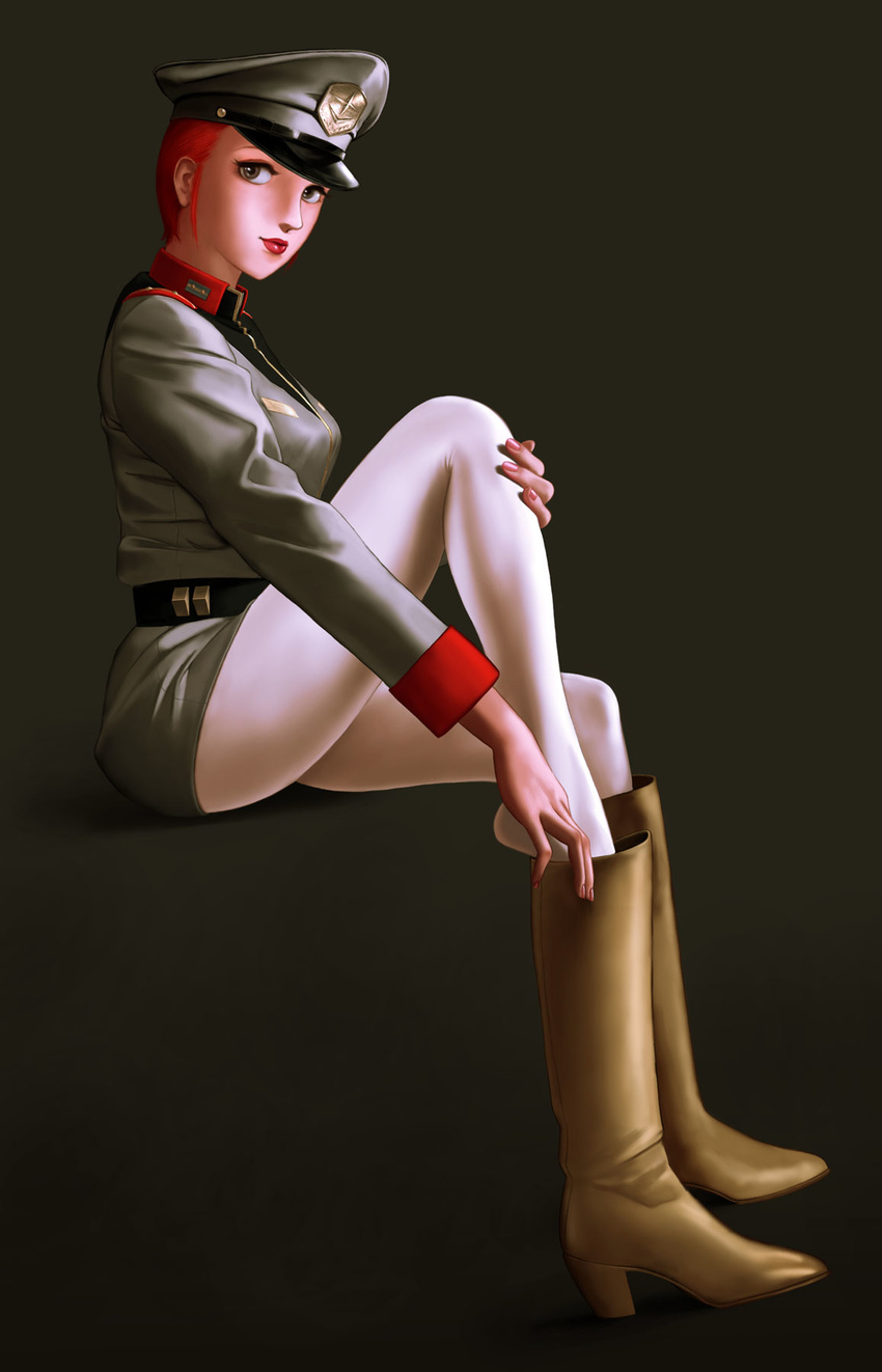 boots brown_eyes from_side full_body gundam hat highres invisible_chair leg_hold legs lips lipstick makeup matilda_ajan military military_uniform mobile_suit_gundam pantyhose plantar_flexion putting_on_boots putting_on_shoes python_(snake_legs) red_hair short_hair simple_background sitting solo uniform white_legwear