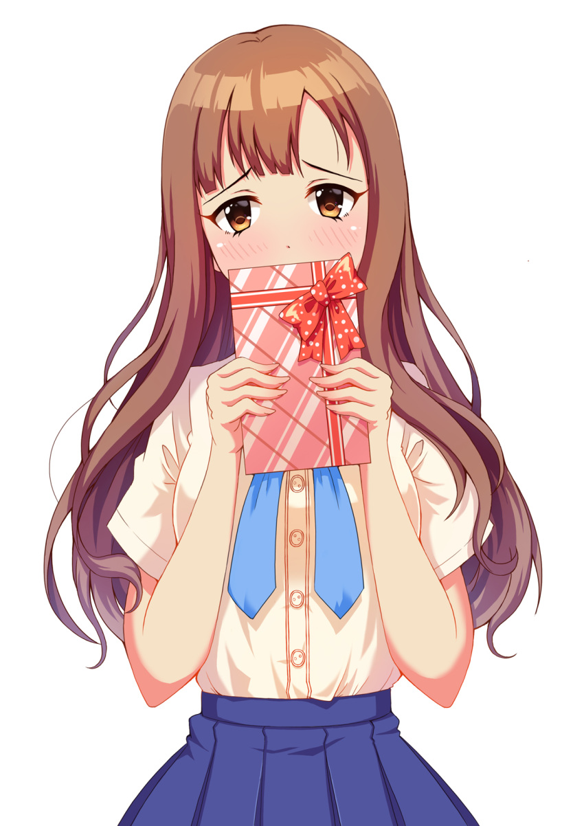 1girl arms_up bangs blouse blue_neckwear blue_ribbon blue_skirt blush bow box breasts brown_eyes brown_hair covering_mouth gift gift_box head_tilt highres holding holding_box idolmaster idolmaster_cinderella_girls idolmaster_cinderella_girls_starlight_stage long_hair looking_at_viewer medium_breasts mizumoto_yukari onumi parted_bangs pleated_skirt polka_dot polka_dot_bow ribbon short_sleeves simple_background skirt solo standing tareme upper_body very_long_hair white_background white_blouse