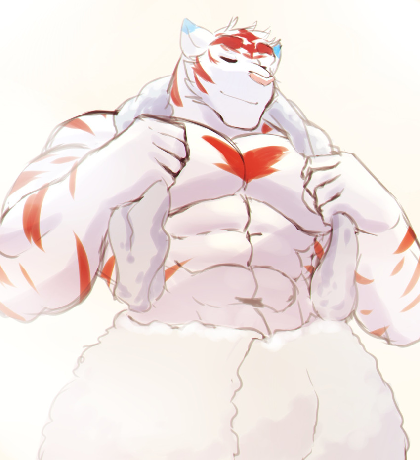 anthro colored_sketch eyes_closed felid fur male mammal muscular muscular_male pantherine simple_background smile solo soraa standing tiger towel