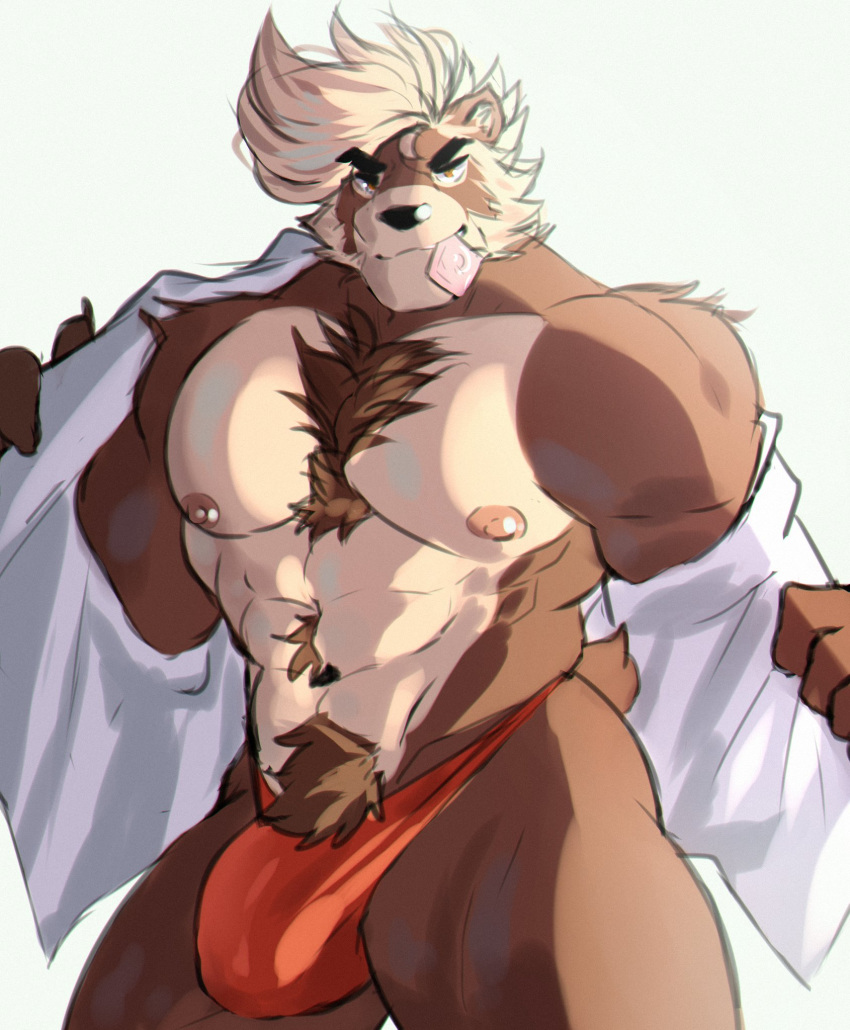 anthro body_hair bulge canid canine chest_hair clothed clothing looking_at_viewer male mammal muscular muscular_male open_shirt pecs pubes raccoon_dog solo soraa standing tanuki underwear wrapped_condom