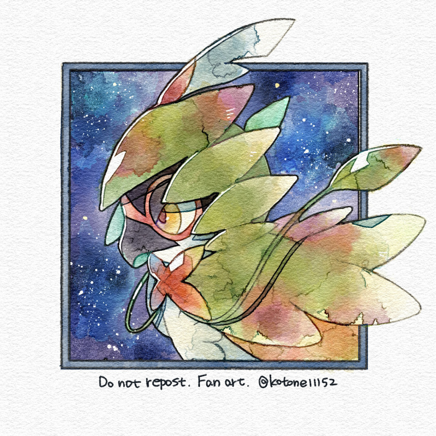 border closed_mouth commentary_request decidueye highres kotone11152 no_humans pokemon pokemon_(creature) red_pupils solo traditional_media twitter_username upper_body white_border yellow_eyes