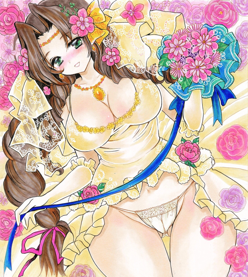 1girl aerith_gainsborough alternate_costume bangs blue_ribbon blush bouquet braid braided_ponytail breasts bride brown_hair carrying circlet cleavage curly_hair dress final_fantasy final_fantasy_vii floral_background flower frilled_dress frills gloves green_eyes hair_flower hair_ornament highres holding holding_bouquet jewelry large_breasts long_hair marker_(medium) necklace panties parted_bangs parted_lips pendant pink_flower pink_rose princess_carry ribbon rose sidelocks smile solo thigh_gap thighs traditional_media twobee underwear upper_body wedding wedding_dress white_panties yellow_dress