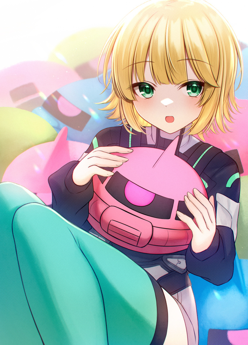 1girl :d akky_(akimi1127) bangs black_shirt blonde_hair character_request feet_out_of_frame green_eyes grey_shorts gundam hands_up highres holding holding_stuffed_toy knees_up long_sleeves looking_at_viewer official_art puffy_long_sleeves puffy_sleeves shirt short_shorts shorts smile solo stuffed_toy thighhighs