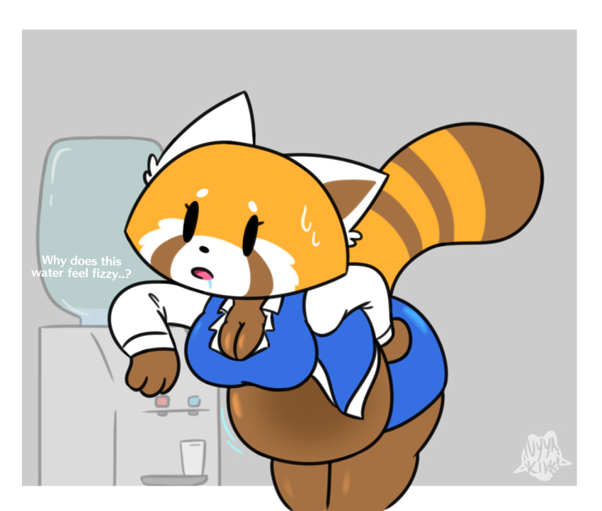 aggressive_retsuko ailurid anthro beady_eyes belly big_belly bloated bodily_fluids bottomwear breasts brown_body brown_fur cleavage clothed clothing drooling english_text eyelashes female foamytail fur glistening glistening_belly glistening_breasts leaning leaning_forward mammal markings office_clothing orange_body orange_fur red_panda retsuko saliva sanrio skirt solo striped_markings striped_tail stripes sweat tail_markings text water water_cooler yellow_body yellow_fur