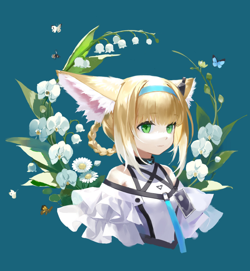 1girl absurdres animal animal_ear_fluff animal_ears arknights bangs bare_shoulders blonde_hair blue_background blue_hairband braid breasts bug butterfly closed_mouth commentary_request cropped_torso flower fox_ears green_eyes hair_rings hairband highres lily_of_the_valley multicolored_hair shirt sidelocks simple_background small_breasts solo suzuran_(arknights) tang45 two-tone_hair upper_body white_flower white_hair white_shirt