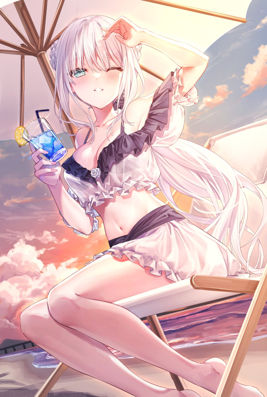 arm_up bangs bare_legs barefoot beach beach_chair beach_umbrella blue_eyes blush braid character_request cloud cloudy_sky commentary_request copyright_request crop_top cup drinking_glass drinking_straw frilled_shirt frilled_skirt frilled_sleeves frills gradient_sky hand_up highres holding legs long_hair looking_at_viewer midriff navel one_eye_closed orange_sky outdoors parted_lips pink_nails ponytail shiny shiny_skin shirt short_sleeves sidelocks skirt sky sunset thighs umbrella water white_hair white_skirt yuya_(night_lily)