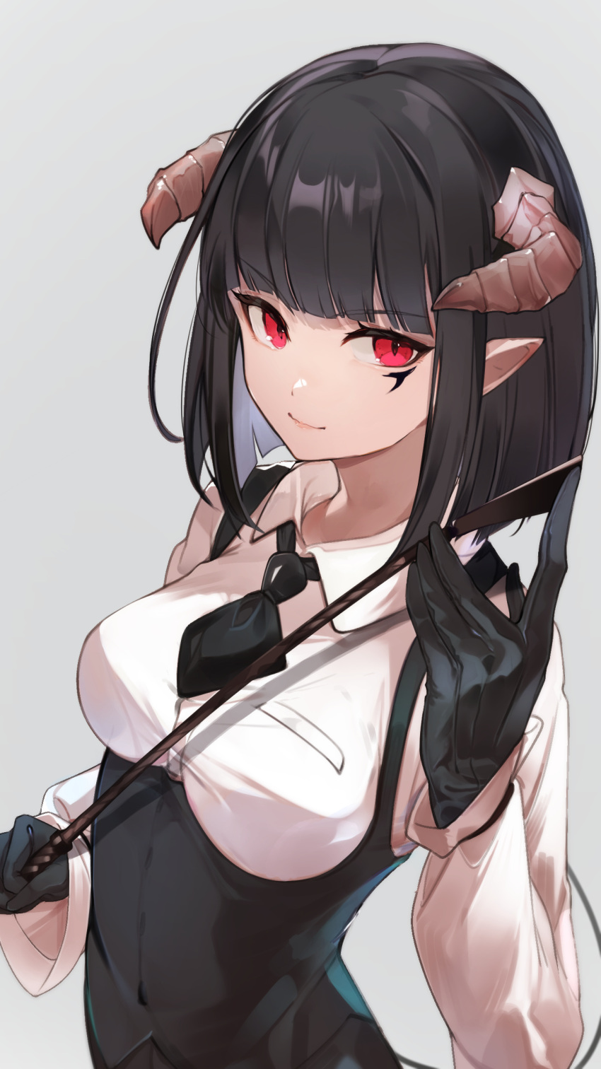 1girl absurdres bangs black_gloves black_hair breasts closed_mouth demon_girl demon_horns demon_tail facial_mark facial_tattoo feet_out_of_frame gloves highres hime-sama_"goumon"_no_jikan_desu holding holding_riding_crop holding_whip horns lips long_sleeves looking_at_viewer medium_breasts medium_hair mimizuku_(mmiganaru) pointy_ears red_eyes riding_crop shirt solo standing suspenders tail tattoo torture_(hime-sama_"goumon"_no_jikan_desu) upper_body white_background white_shirt