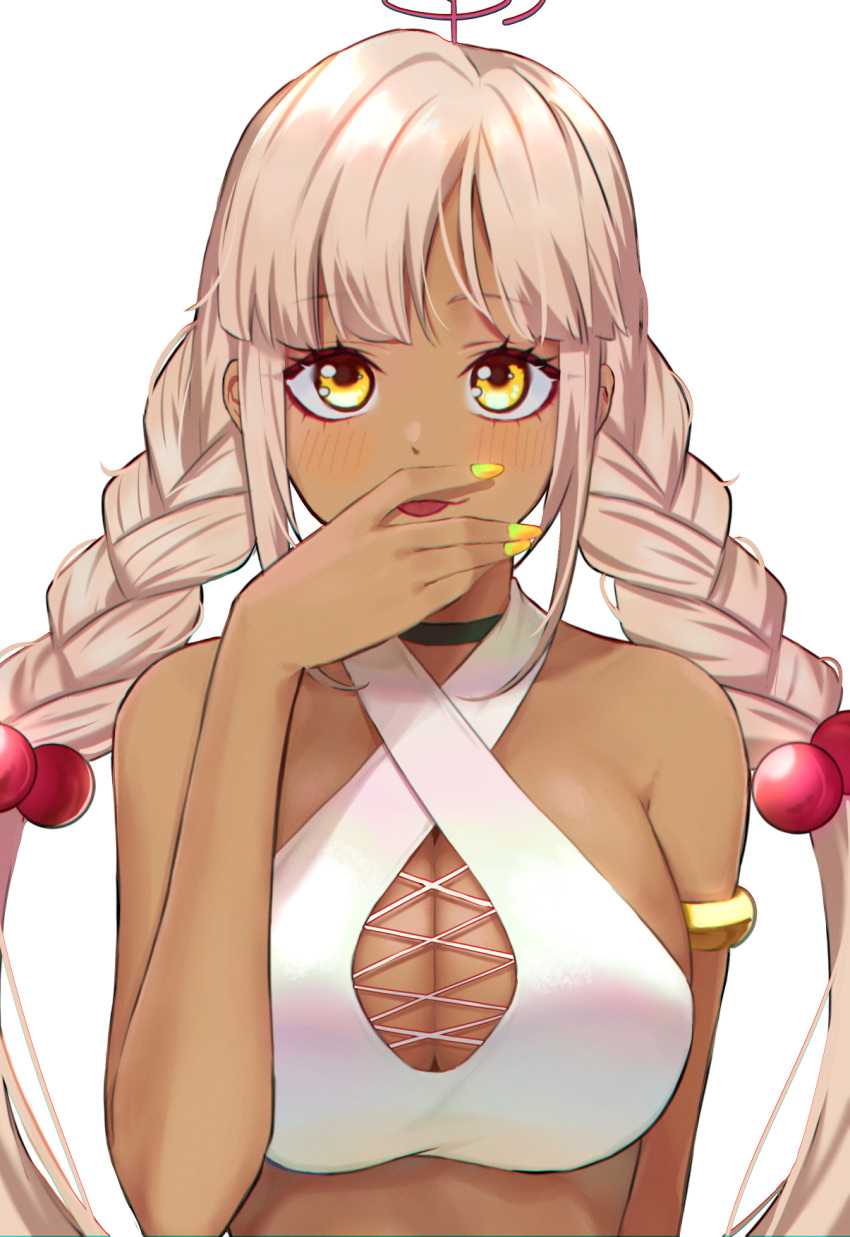 1girl :p armlet bangs bare_shoulders bikini black_choker blush braid breasts choker cleavage cleavage_cutout clothing_cutout criss-cross_halter dark-skinned_female dark_skin hair_ornament halterneck highres hololive hololive_english large_breasts light_brown_hair limiter_(tsukumo_sana) long_hair looking_at_viewer nail_polish saco_(cgmore) simple_background solo swimsuit tongue tongue_out tsukumo_sana twin_braids twintails virtual_youtuber white_background white_bikini yellow_eyes yellow_nails