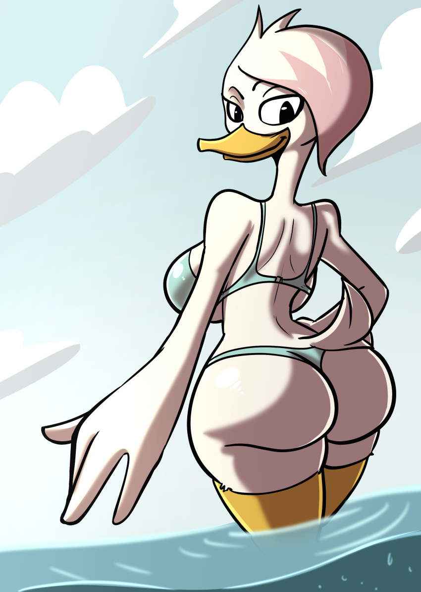 absurd_res anatid anseriform anthro avian beak big_breasts big_butt bikini bird black_eyes breasts butt clothing disney duck ducktales ducktales_(2017) female hair hand_on_hip hi_res lena_(ducktales) looking_at_viewer looking_back non-mammal_breasts partially_submerged sachasketchy smile solo swimwear thick_thighs water white_body white_hair wide_hips