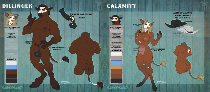 absurd_res anthro bovid bovine calamity cattle country cowboy cowgirl_(disambiguation) dillinger duo female heifer_(disambiguation) hi_res humanoid male male/female mammal moo mullet teats thehuntingwolf twistedhound udders western