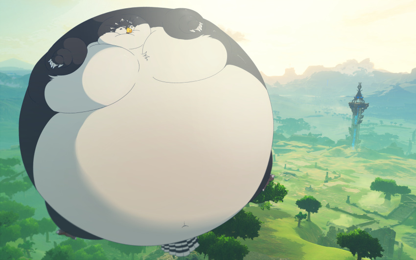 anthro avian beak belly big_belly breath_of_the_wild fan_character feathers floating hyper hyper_belly inflation kuya male nintendo rito solo spherical_inflation tail_feathers the_legend_of_zelda video_games white_body yellow_beak