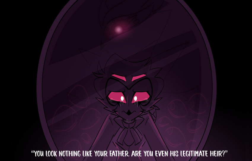 anthro avian bird black_background bodily_fluids crying duo glowing glowing_eyes helluva_boss hi_res looking_at_self looking_at_viewer looking_back male mirror owl owl_demon paimon_(helluva_boss) pink_eyes sad simple_background stolas_(helluva_boss) tears teathekook text white_text