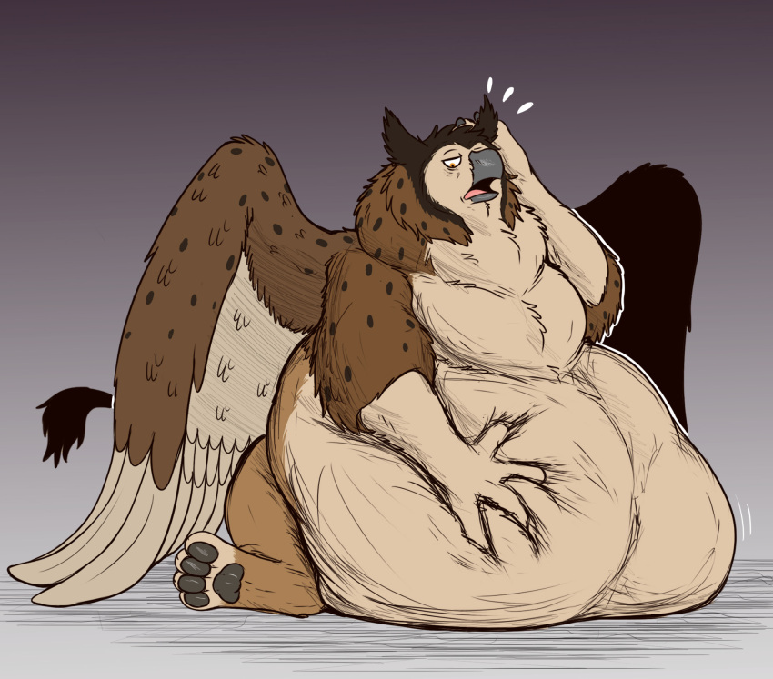 after_vore avian beak diego_(thatgryphonguy) feral feral_pred gryphon gryphon_pred half-closed_eyes hand_on_stomach hi_res looking_at_belly male mythological_avian mythology narrowed_eyes obese overweight overweight_feral overweight_male simple_background sitting solo thatgryphonguy vore wings