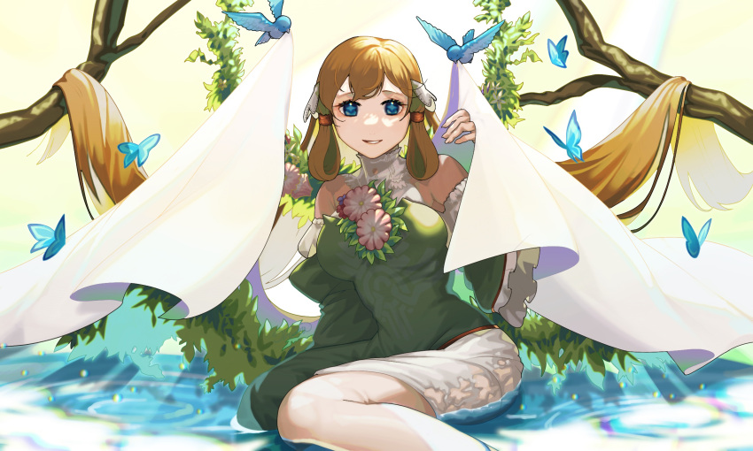 1girl bangs bare_shoulders bird blonde_hair blue_eyes breasts bug butterfly fire_emblem fire_emblem_heroes flower highres ikura_(downdexp) in_water large_breasts long_hair open_mouth outdoors solo turtleneck very_long_hair water ymir_(fire_emblem_heroes)