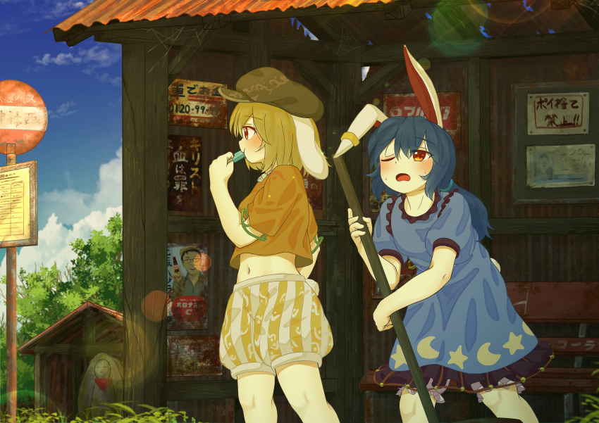 2girls abandoned absurdres animal_ears bench blonde_hair bloomers blue_hair bus_stop commentary_request dilapidated dress earclip ekaapetto flat_cap food hat highres hot hunched_over jizou leaning_forward long_hair moon_print multiple_girls navel one_eye_closed popsicle rabbit_ears rabbit_tail red_eyes ringo_(touhou) rust seiran_(touhou) short_hair short_sleeves shorts star_(symbol) star_print tail touhou translation_request twintails underwear zun