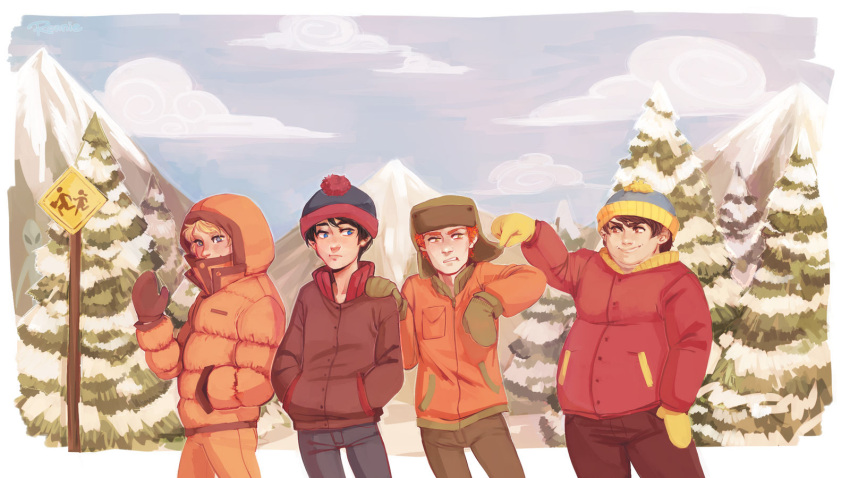 4boys beanie black_hair blonde_hair blue_headwear brown_hair cloud eric_cartman fur_collar gloves green_headwear hair_between_eyes hand_in_pocket hand_on_another's_shoulder hands_in_pockets hat highres hood hoodie jacket kenny_mccormick kyle_broflovski male_child male_focus mittens mountain multiple_boys orange_jacket pocket poking red_hair ron-nie sky snow south_park stan_marsh tree waving