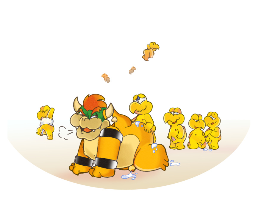 anthro being_watched blush bodily_fluids bottomless bowser breath clothed clothing cum flaccid genital_fluids genitals group hi_res koopa koopa_troopa looking_at_another male male/male mario_bros masturbation nintendo panting penis punstar scalie simple_background size_difference video_games