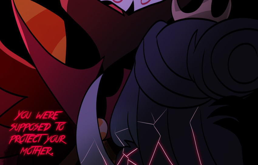 anthro avian bird black_background cracks crown death disappointed duo female hair helluva_boss hi_res long_hair looking_down male owl owl_demon paimon_(helluva_boss) red_text simple_background teathekook text