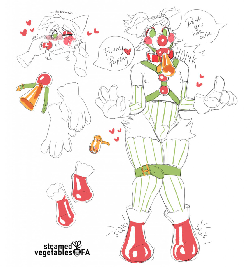 &lt;3 2022 anthro armwear bdsm bike_horn bike_horn_gag bulge canid canine canis chastity_cage chastity_device clothed clothing clown clown_horn clown_makeup clown_nose dialogue digital_drawing_(artwork) digital_media_(artwork) domestic_dog duo embarrassed english_text fur gag gagged girly glistening gloves hair handwear harness hi_res horn_gag humiliation legwear makeup makeup_brush male mammal offscreen_character pattern_armwear pattern_clothing pattern_legwear rubber sequence simple_background solo_focus speech_bubble steamedvegetables striped_armwear striped_clothing striped_legwear stripes text unusual_gag white_background