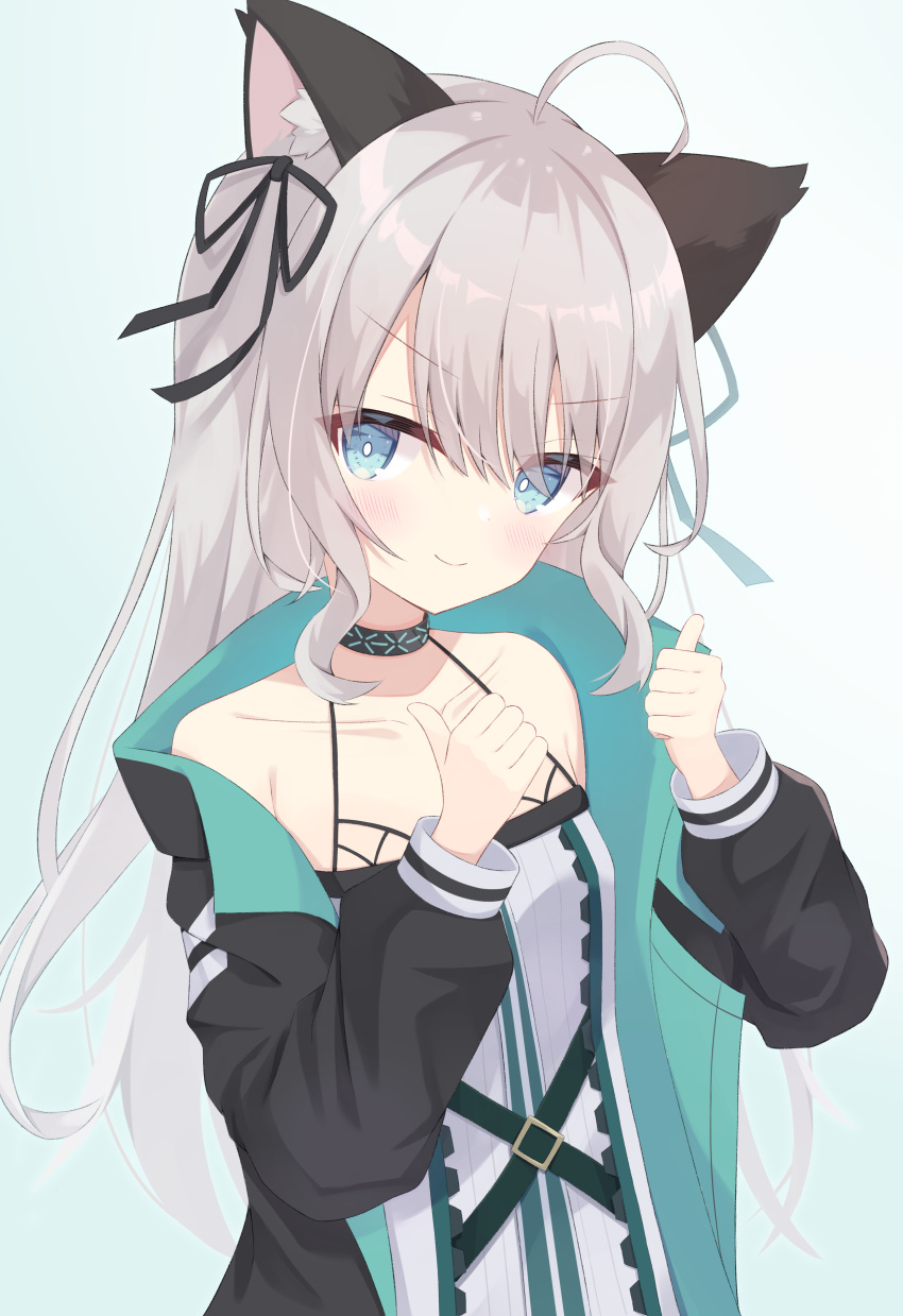 &gt;:) 1girl absurdres ahoge animal_ear_fluff animal_ears arknights bangs bare_shoulders black_jacket black_ribbon blue_background blue_eyes blush cat_ears closed_mouth collarbone commentary_request double_thumbs_up dress grey_hair hair_between_eyes hair_ribbon hands_up highres jacket kunokaya long_hair long_sleeves mint_(arknights) off_shoulder open_clothes open_jacket puffy_long_sleeves puffy_sleeves ribbon sleeveless sleeveless_dress smile solo thumbs_up v-shaped_eyebrows very_long_hair white_dress