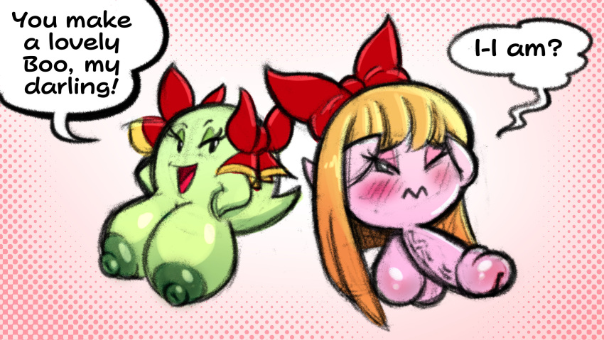 accessory areola balls big_balls big_breasts big_penis blonde_hair blush boo_(mario) breasts duo embarrassed english_text erection exclamation_point female genitals ghost green_areola green_body green_nipples hair hair_accessory hair_ribbon half-closed_eyes hi_res lady_bow male mario_bros narrowed_eyes nintendo nipples one_eye_closed open_mouth paper_mario penis pink_body question_mark ribbons sachasketchy speech_bubble spirit text video_games