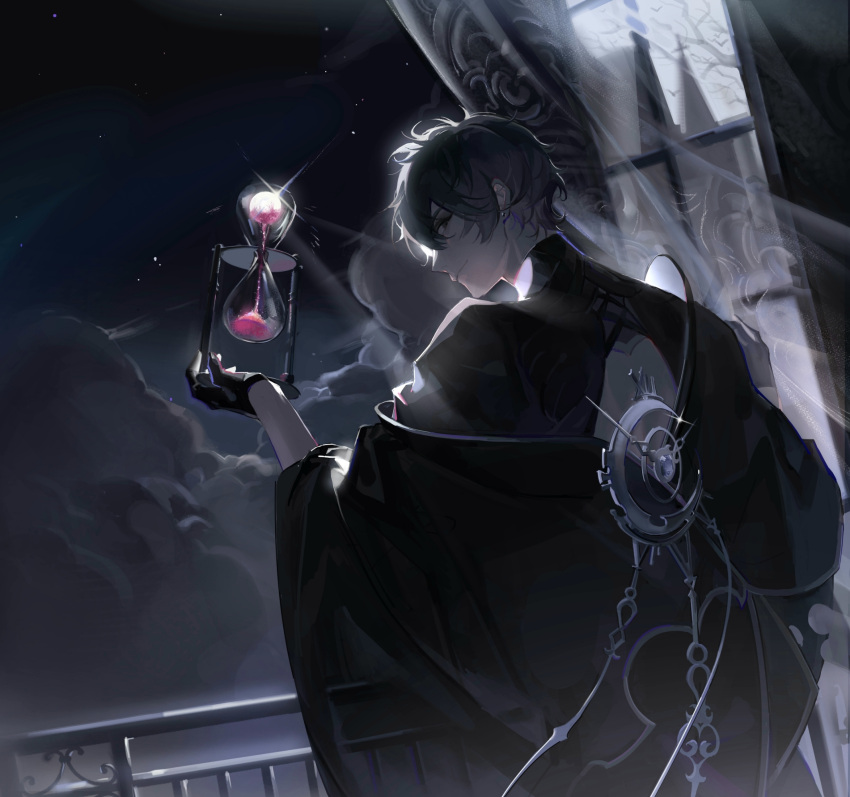 1boy amon_(lord_of_the_mysteries) angel balcony bangs black_eyes black_gloves black_hair black_robe chinese_commentary cloud cloudy_sky commentary_request dark earrings from_behind gloves highres holding_hourglass hourglass jewelry looking_back lord_of_the_mysteries male_focus monocle moon mrthersh night night_sky red_moon robe sand sky smile solo