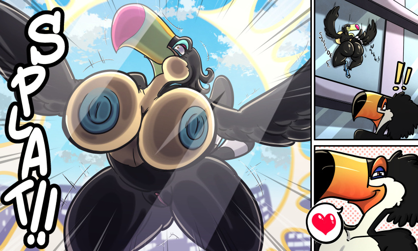 &lt;3 against_surface anthro areola avian beak big_breasts big_butt bird blue_areola blue_nipples blue_sky_studios breasts breasts_on_glass brown_eyes butt crash duo english_text eva_(rio) exclamation_point female genitals half-closed_eyes hi_res keel-billed_toucan looking_at_viewer male multicolored_body narrowed_eyes nipples nude on_glass onomatopoeia pussy rafael_(rio) ramphastos rio_(series) sachasketchy smile sound_effects text thick_thighs toco_toucan toucan two_tone_body wide_hips