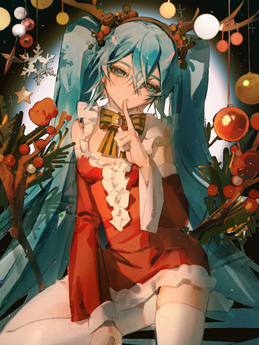 1girl aqua_eyes aqua_hair bangs bell black_background bow bowtie brown_hairband brown_pupils center_frills chinese_commentary christmas christmas_ornaments clothing_cutout commentary_request crossed_bangs detached_collar dress fake_antlers finger_to_mouth foot_out_of_frame frills fur-trimmed_dress fur_trim gradient gradient_background hair_between_eyes hairband half-closed_eyes hand_up hatsune_miku highres holly jingle_bell long_hair long_sleeves looking_at_viewer neck_bell procreate_(medium) red_dress santa_dress shoulder_cutout sitting snowflake_ornament solo star_(symbol) star_ornament striped striped_bow striped_bowtie thighhighs twintails very_long_hair vocaloid white_thighhighs xinliu yellow_bow yellow_bowtie