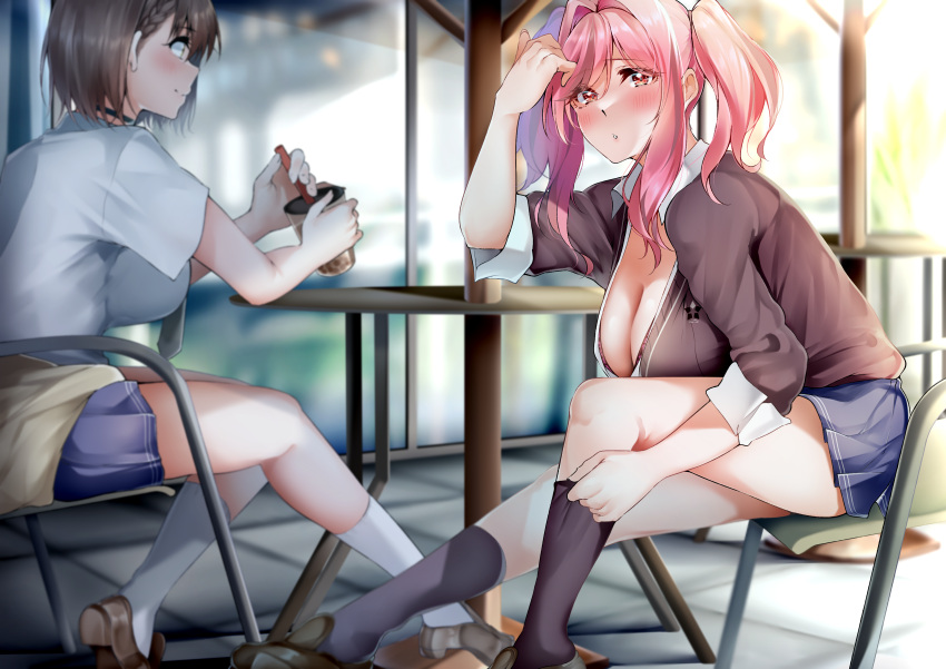 2girls absurdres azur_lane baltimore_(after-school_ace)_(azur_lane) baltimore_(azur_lane) black_choker black_skirt black_socks breasts bremerton_(azur_lane) brown_cardigan brown_footwear brown_hair bubble_tea cardigan cardigan_around_waist choker clothes_around_waist collared_shirt cup day disposable_cup drinking_straw highres huge_breasts large_breasts leaning_forward len_(hand_linke) long_hair long_sleeves miniskirt multiple_girls official_alternate_costume outdoors partially_unbuttoned pink_eyes pink_hair pleated_skirt sagging_breasts shirt shoes short_hair short_sleeves sitting skirt socks thighs tied_sweater twintails white_shirt white_socks yellow_eyes