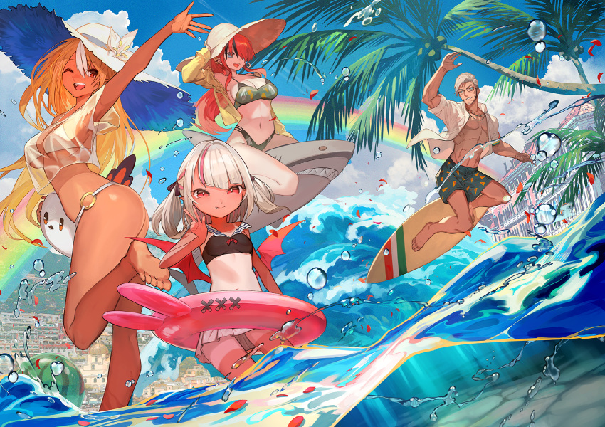 1boy 3girls arurandeisu bangs barefoot beard bikini black_hair black_ribbon blonde_hair blue_eyes blue_sky breasts closed_mouth cloud coconut_tree commentary_request crop_top dark-skinned_female dark_skin demon_wings earrings facial_hair fang fang_out flower food fruit glasses green_bikini green_shorts grey_hair grey_skirt hair_over_one_eye hair_ribbon hand_on_headwear hand_up hat hat_flower highres holding holding_stuffed_toy hololive holostars jewelry lack lain_paterson large_breasts long_hair long_sleeves looking_at_viewer makaino_ririmu medium_hair multicolored_hair multiple_girls muscular muscular_male navel nijisanji one_eye_closed open_clothes open_mouth open_shirt outdoors outstretched_arm palm_tree pink_innertube pointy_ears rainbow red_eyes red_hair red_wings ribbon see-through shiranui_flare shirt short_hair short_sleeves shorts skirt sky skyline small_breasts smile streaked_hair stuffed_animal stuffed_bird stuffed_shark stuffed_toy sun_hat surfboard surfing swept_bangs swimsuit tan teeth tree twintails upper_teeth v very_long_hair virtual_youtuber water watermelon white_bikini white_flower white_headwear white_shirt wings