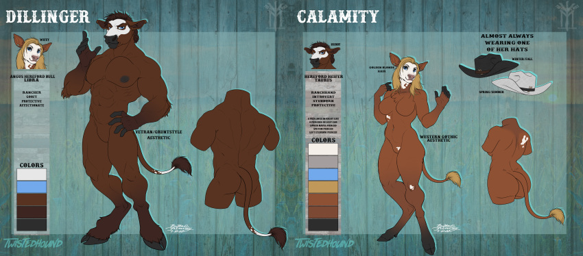 absurd_res anthro bovid bovine calamity cattle country cowboy cowgirl_(disambiguation) duo female heifer_(disambiguation) hi_res humanoid male male/female mammal moo mullet teats thehuntingwolf twistedhound twisterhound udders western