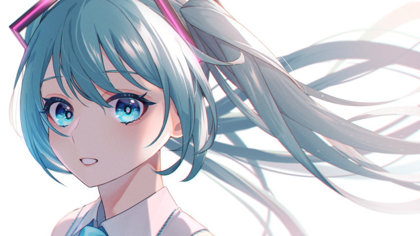 1girl bangs blue_eyes blue_hair collared_shirt commentary_request floating_hair hair_between_eyes hatsune_miku long_hair looking_at_viewer neon_trim peta_(snc7) portrait shirt simple_background sleeveless sleeveless_shirt smile solo twintails vocaloid white_background white_shirt