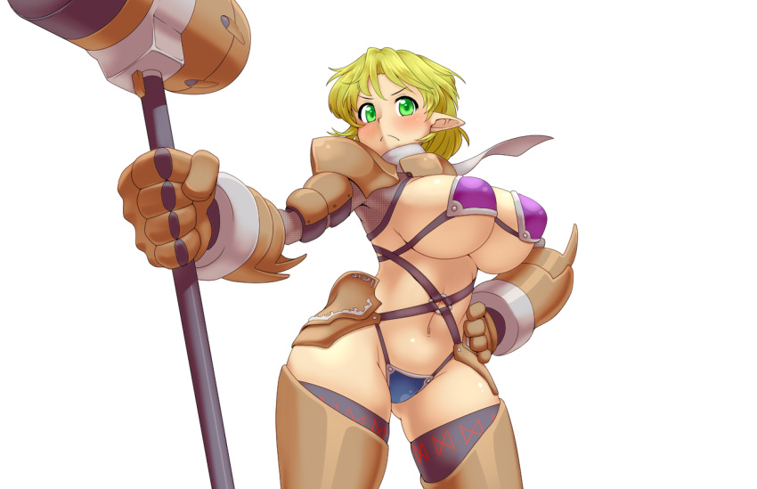 1girl alternate_breast_size alternate_costume bangs bikini black_thighhighs blonde_hair blue_bikini blush breasts closed_mouth commentary_request cowboy_shot d.koutya frown gauntlets green_eyes hammer hand_on_hip holding holding_hammer large_breasts leg_armor looking_at_viewer mismatched_bikini mizuhashi_parsee navel pointy_ears purple_bikini reverse_bikini_armor reverse_outfit short_hair simple_background solo swimsuit thighhighs touhou transparent_background