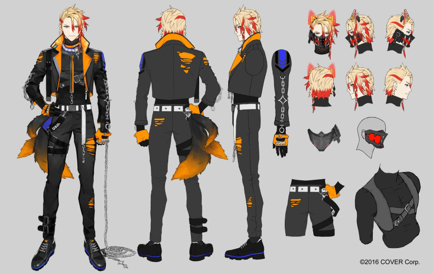 1boy axel_syrios black_gloves black_jacket black_pants blonde_hair braid chain collar company_name ginka_sima gloves highres holding holding_chain holostars holostars_english jacket long_sleeves male_focus mask multicolored_hair multiple_views official_art open_clothes open_jacket pants red_hair reference_sheet single_braid streaked_hair virtual_youtuber