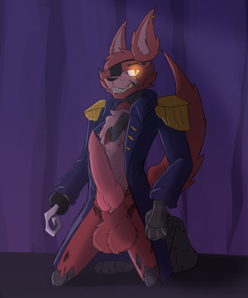 2022 animal_genitalia animal_penis animatronic anthro balls bottomless canid canine canine_penis clothed clothing digital_media_(artwork) erection eye_patch eyewear five_nights_at_freddy's fox foxy_(fnaf) fur genitals glowing glowing_eyes hi_res hook hook_hand kneeling knot machine male mammal misty_bun partially_clothed penis pink_penis red_body red_fur robot scottgames simple_background solo video_games